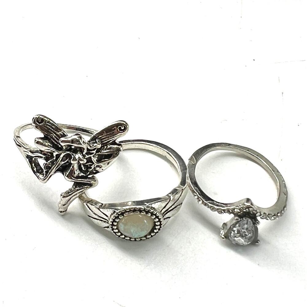 Set of 3 silver tone rings fairy Core stacking opal assorted dainty size 9